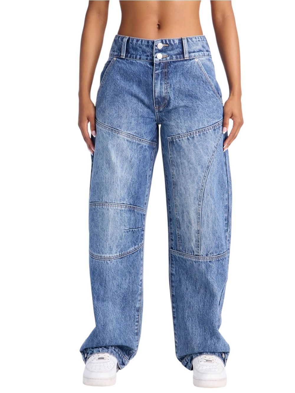 Fashion Nova Mid Rise Wide-Leg Blue Baggy Patchwork Jeans